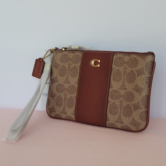 COACH Small Wristlet in Signature Logo Coated Canvas - Tan Rust⭐ - Picture 5 of 16